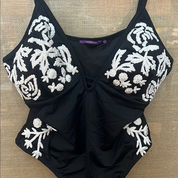 Amita Naithani black one piece swimsuit with white embroidery.  NWOT - Picture 3 of 7